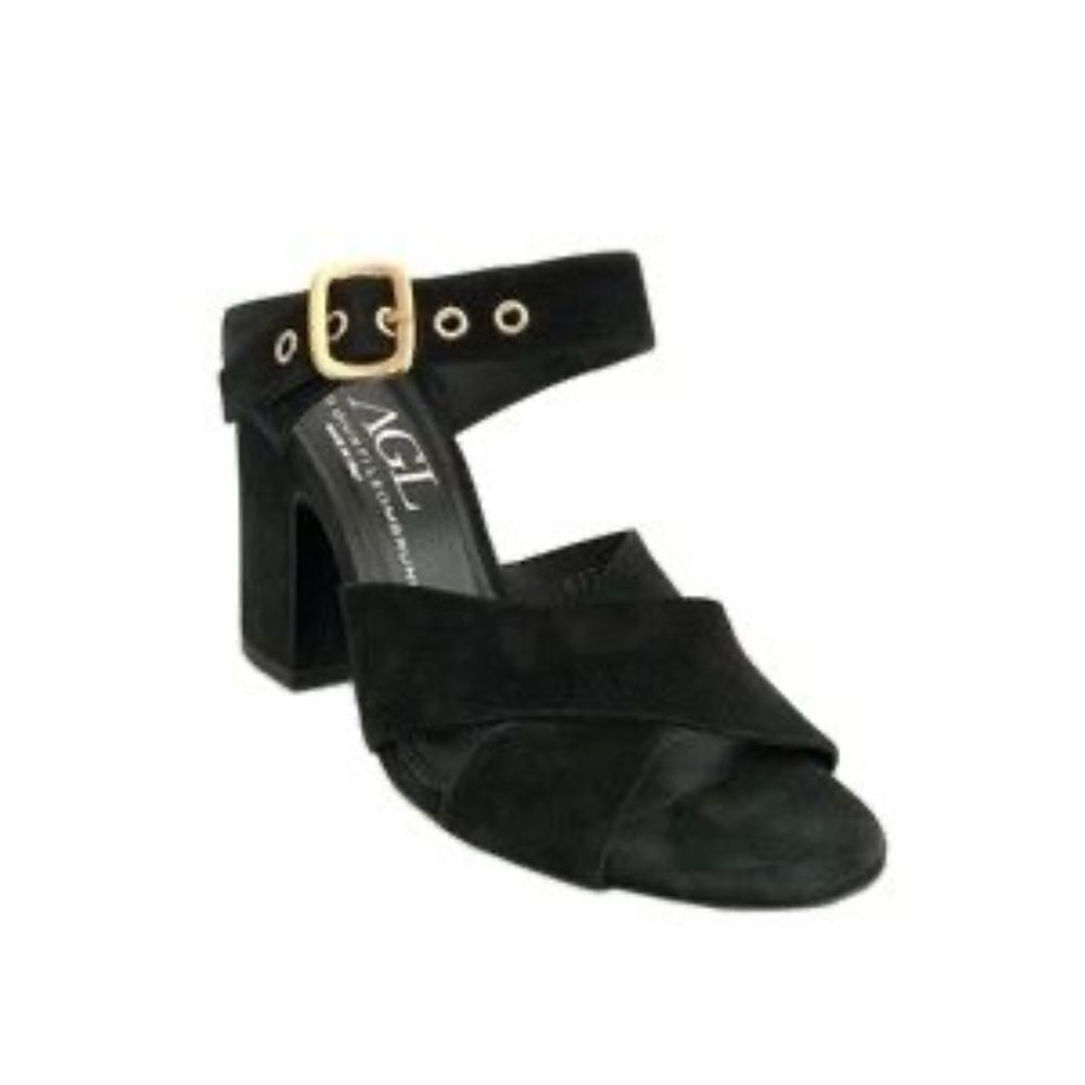 Attilio Giusti Leombruni AGL Black Suede Ankle Strap Block Heel Mules Sz 36.5/US